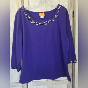 Ruby Rd Women's 3/4 Sleeve Top Jewel Embellishment Purple Size Large